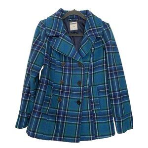 Old Navy Sz Small Bright Teal Blue Plaid Wool Pea Coat Women's Button Academia